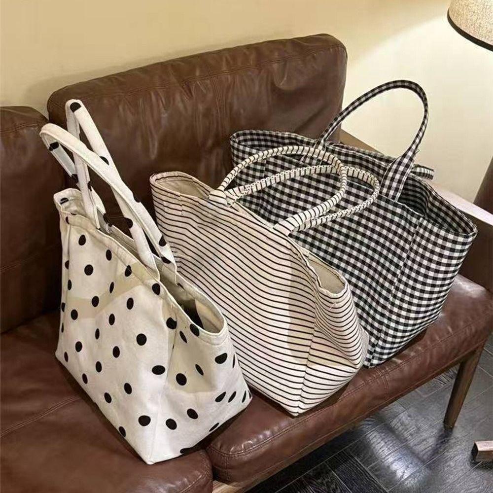 Polka Dot Print Canvas Tote Bag Check Print Canvas Material Polka Dot Bag Large Capacity Stripes Print Large Capacity Tote