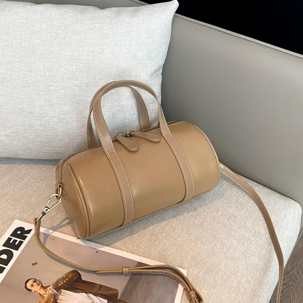Top Layer Vegetable-tanned Cowhide Handbag New Cylinder Bag Retro Boston Pillow Bag Soft Leather Crossbody Bag Women