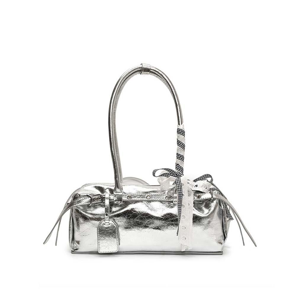Bow Ribbon Silver PU Shoulder Bag High Quality Cylinder Underarm Bags French Stick Handbag School