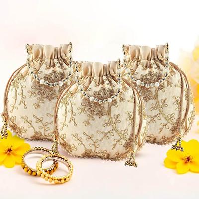 Packung mit 3 Potli-Beuteln für Damen und Mädchen | Damen Shagun-Beutel für festliche Jahreszeiten | Bestickte Batwa-Tasche Brautgeldbörse - Creme