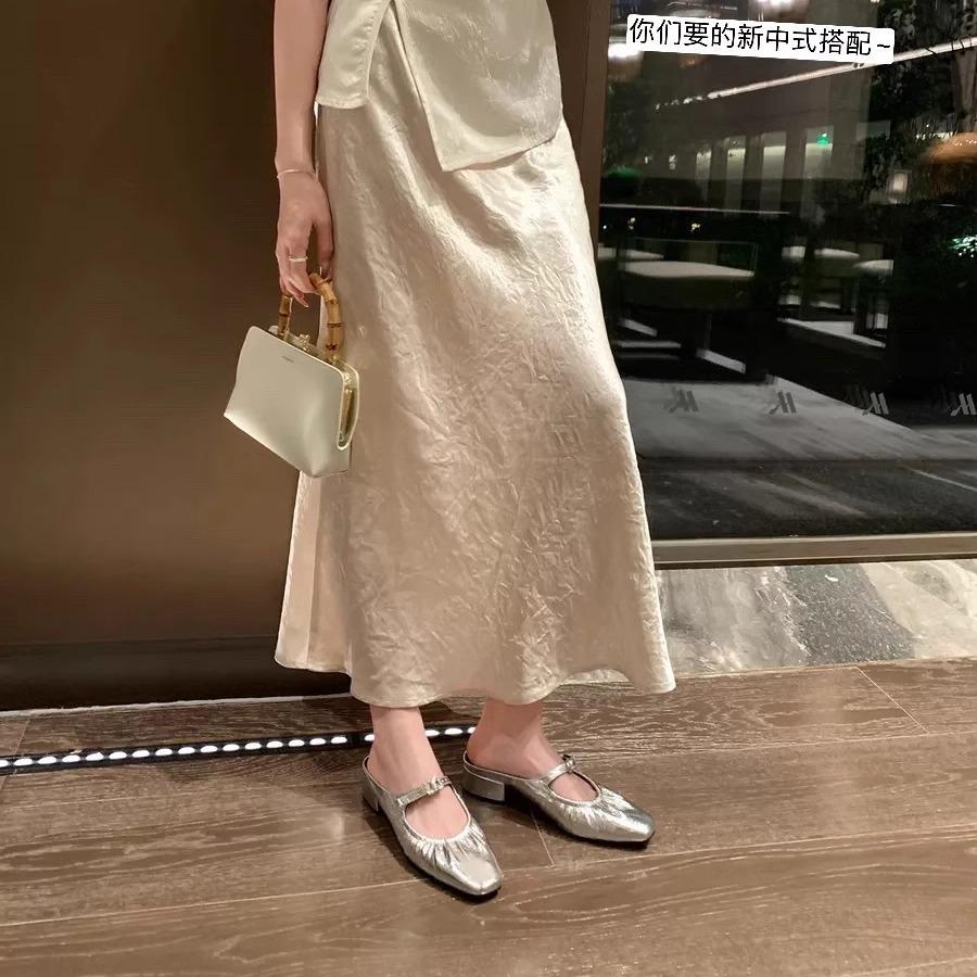 Sheepskin version~ Square head lambskin pleated bag head thick heel slippers women's half drag wear cool slippers