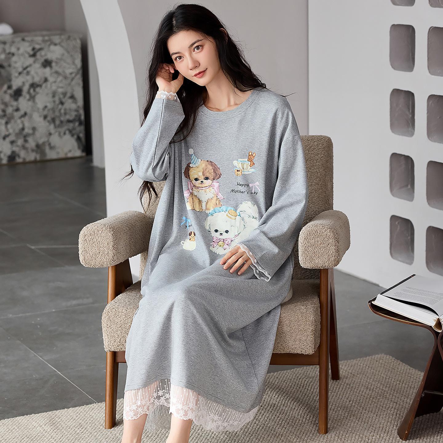 

Pure cotton long-sleeved nightdress women s spring and autumn loose casual loungewear cute cartoon pajamas women s new models m recommended 40-50kg