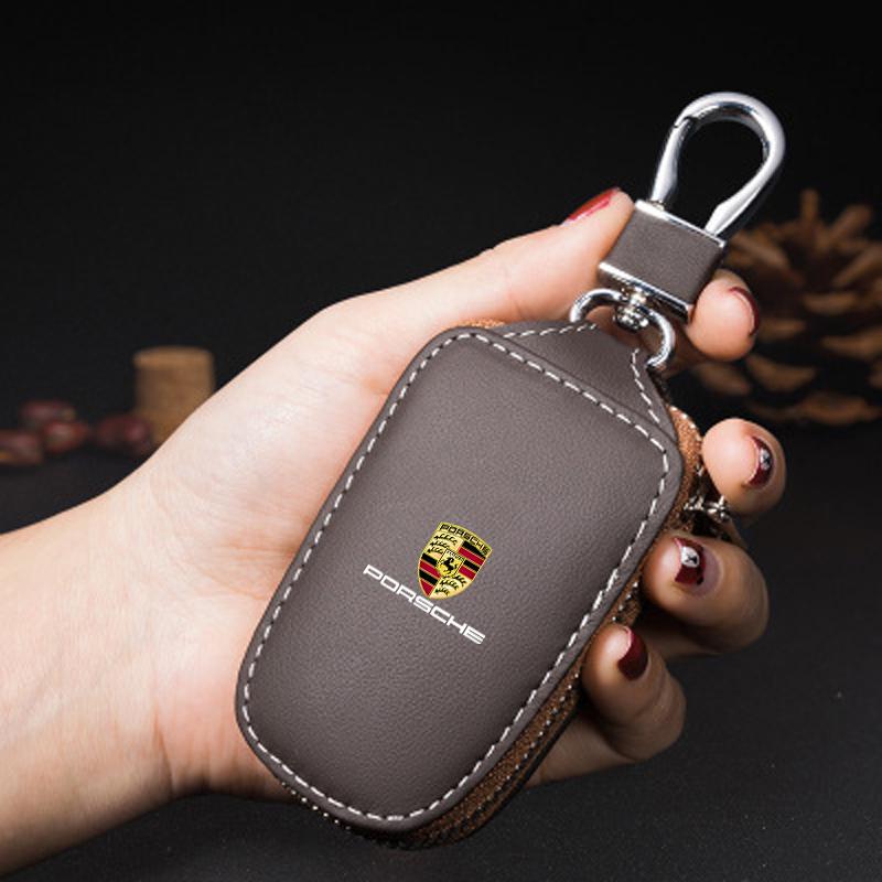 PU Leather Car Remote Key Case Cover Protector Bag for Porsche 718 Cayenne Panamera 911 Macan Taycan Cayman Boxster Sticker