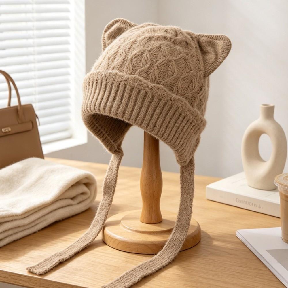 Windproof Cat Ear Knit Hat 3D Cat Ear Head Cover Durable Soft Beanie Outdoor