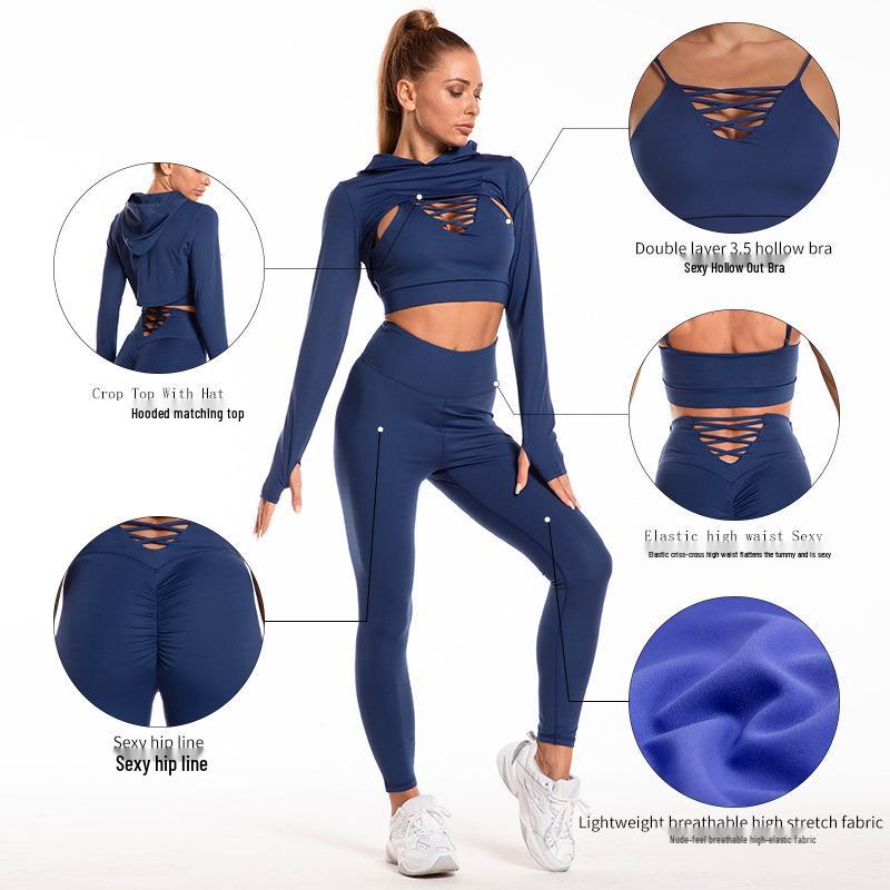 Women's Quick-Dry Hooded Yoga Set: Long Sleeve Top & Peach Butt Leggings