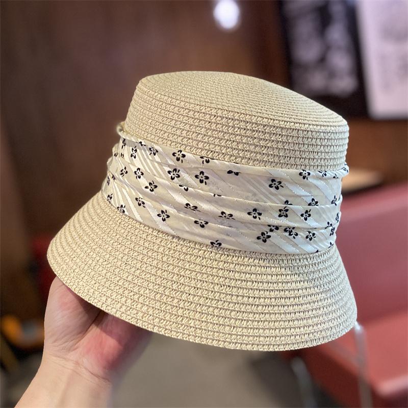 Hat women's summer straw fashion versatile bucket hat elegant flat top straw hat sunshade sunscreen basin hat