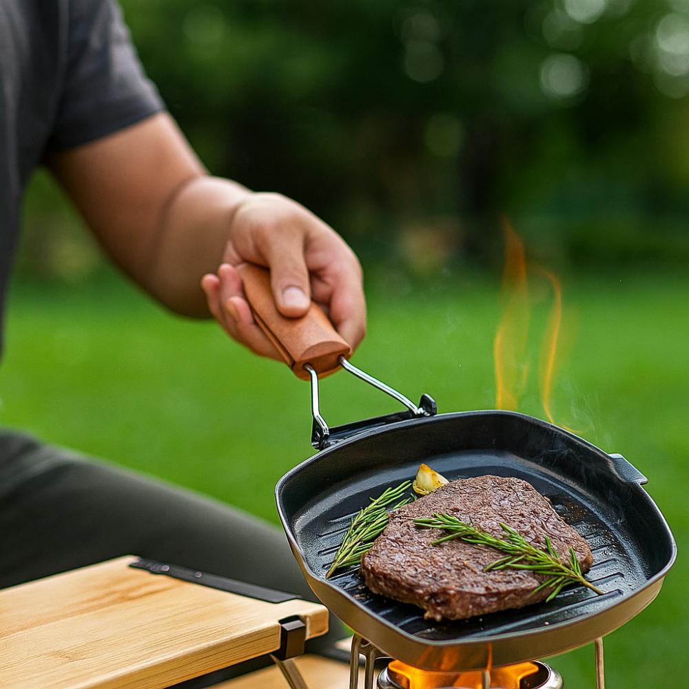 Portable Hand Forging Cast Iron Pan Foldable Uncoated Picnic Grill Pan Non Stick No Lid Steak Frying Pan Outdoor BBQ