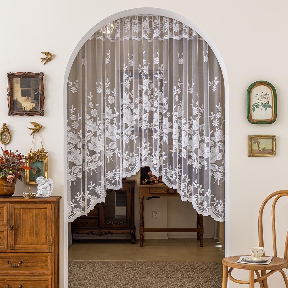 1PC Nuan Series White Floral Lace Window Valance Vintage Embroidered Sheer Curtain for Living Room Bedroom Home Decor