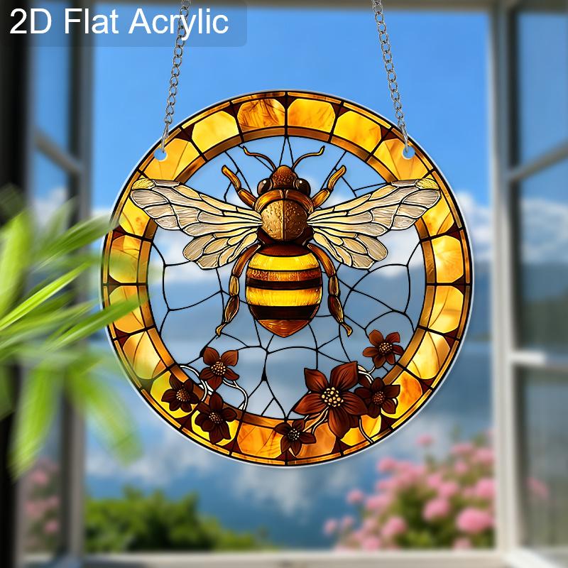 Acrylic Honey Bee with Flowers Suncatcher, Stained Glass Effect Window Hanging Ornament for Nature & Bee Lover Gifts
