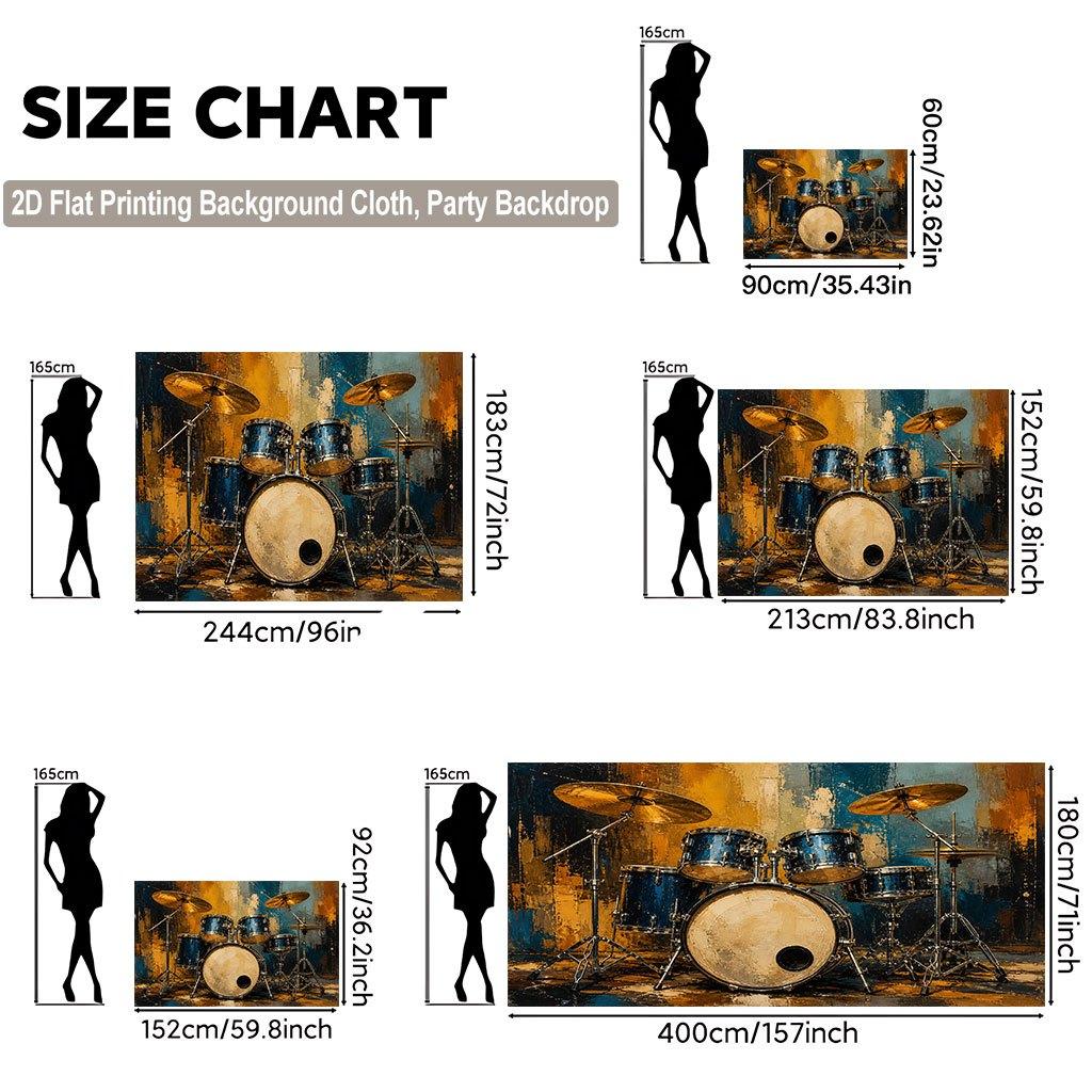 A 2D Flat Banner Background Fabric, with the Drum Set Positioned On the Colored Background Fabric.