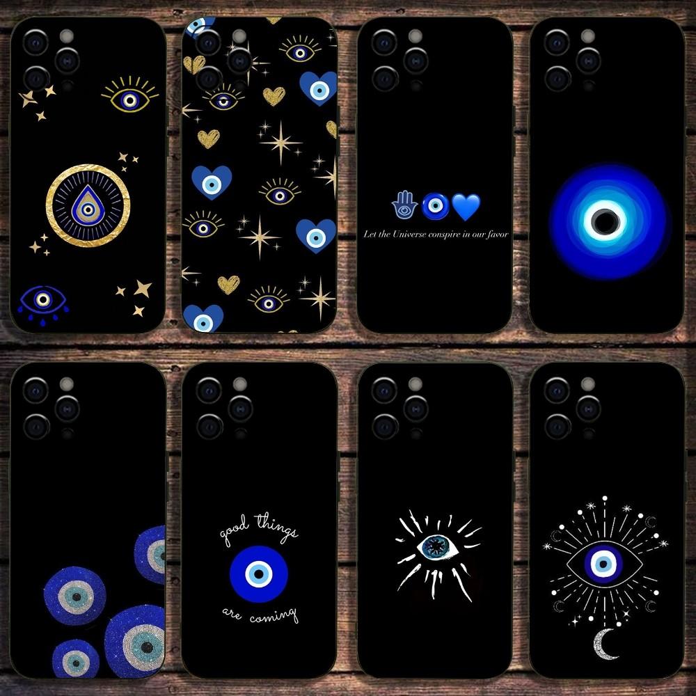 Custodia per Telefono Occhio Malvagio Blu Fortunato Per Apple iPhone 15,14,13,12,11,Pro,X,XS,Max,XR,Plus,Mini Cover Nera Morbida