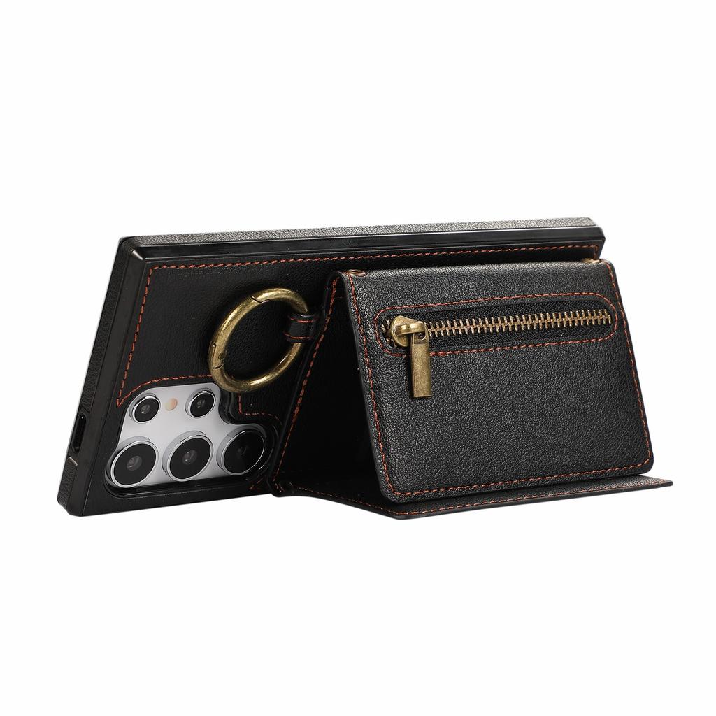 For Samsung Galaxy S25 Ultra Lær Bakdeksel Glidelåslomme Støtteben Telefondeksel med Skulderstropp