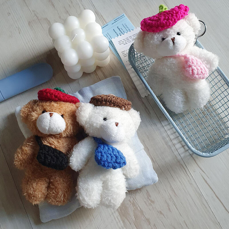 Teddy Bear Knit Hat Beret Bag Doll Keychain