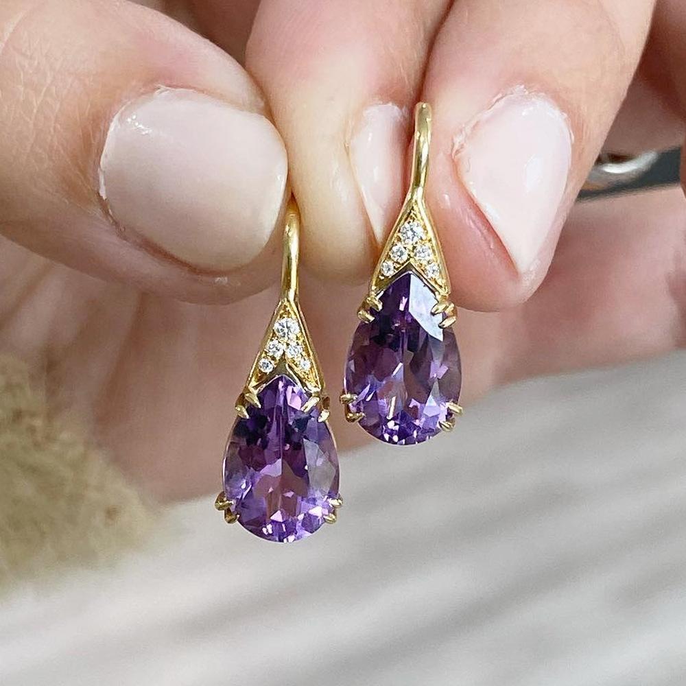Gold Plated Teardrop Amethyst CZ Drop Earrings, Dainty Purple Crystal Hook Earrings for Women