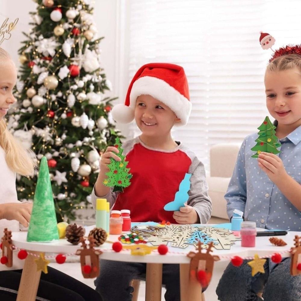 70Pcs DIY Handmade Christmas Tree 3D Painting Christmas Tree Ornaments Parent-child Interaction Painted Wood Chips