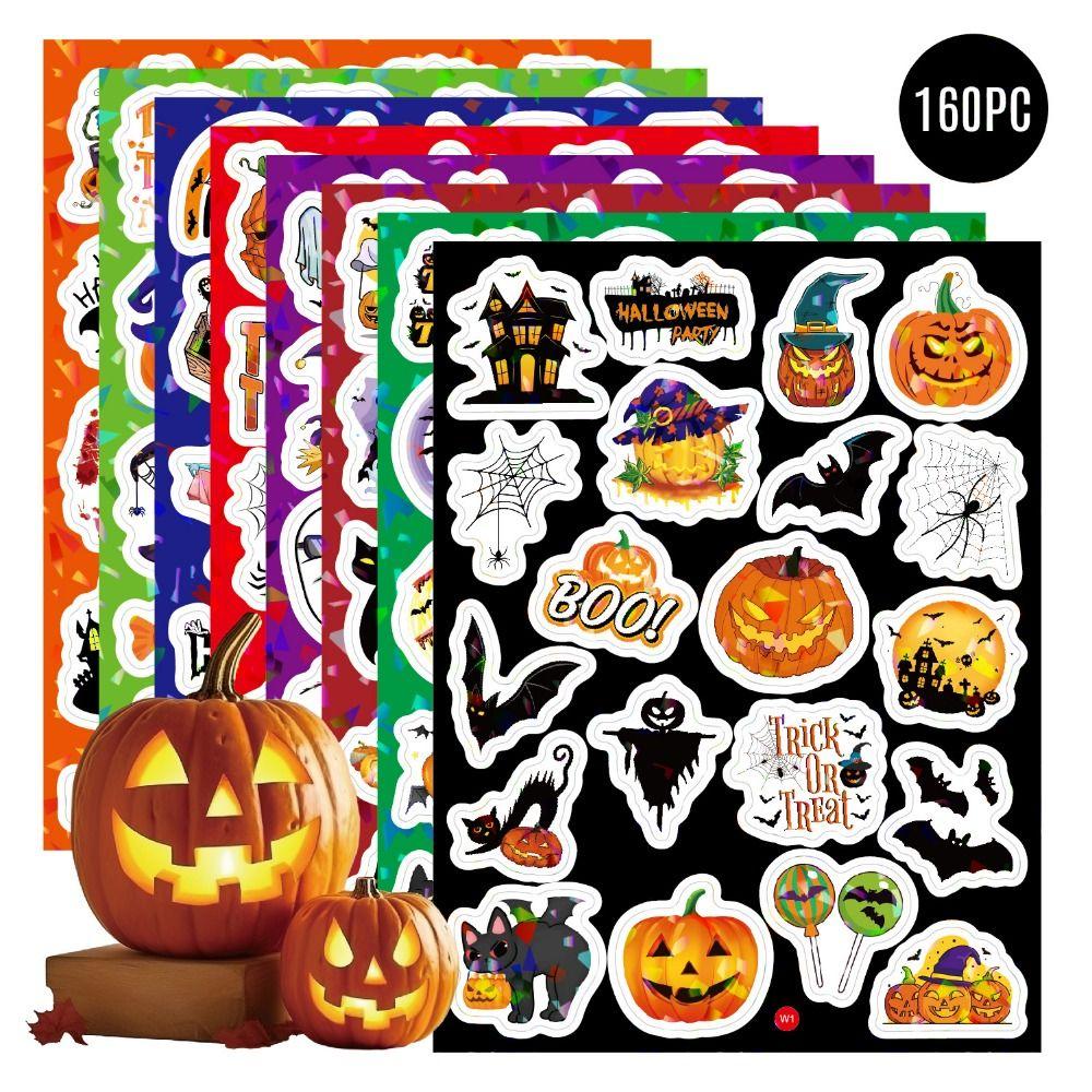160PCS 8 Sheets Cartoon Spider Pumpkin Halloween Stickers Ghost Bat Scary Sticker  Party Supplies