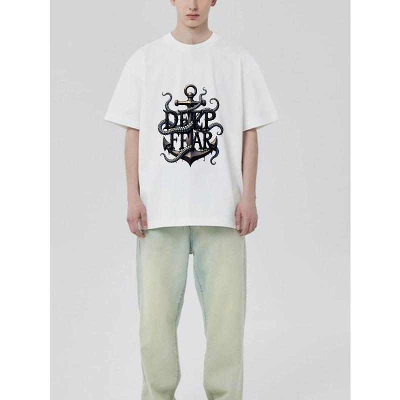 Black T Shirt With Anchor And Octopus Tentacles Deep Fear Print For Casual Wear