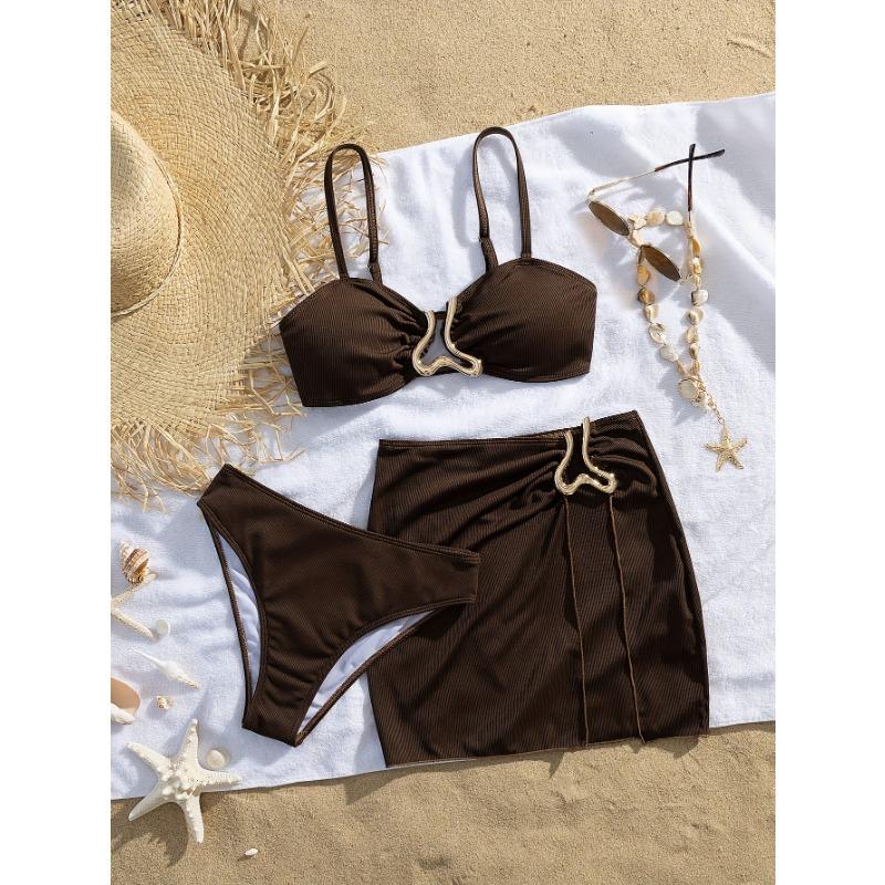 

Women s Brown Ribbed Bralette Bikini With High-Waist Skirt Cover-Up 3-Piece Set L коричневый