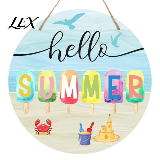 Wooden Hanging Sign Hello Summer Door Sign, Ice Pop Flip Flop Welcome Hanger, Front Plaque Farmhouse Wreath for Home Porch Decor Coastal Style Wall