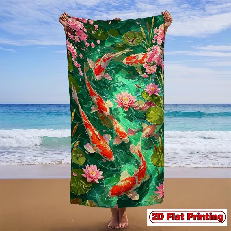 Koi Fish Lotus Print Beach Towel Quick Dry Absorbent Sand Free Natural Scenery Towel for Summer Beach Pool