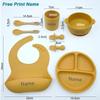 Set Pappa in Silicone Personalizzato con Nome per Bambino Ciotola con Ventosa Piatti in Silicone Piatto per Biberon Bavaglini Cucchiaio Forchetta Stoviglie Senza BPA