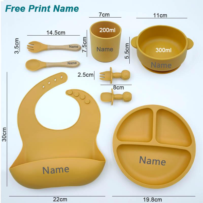Set Pappa in Silicone Personalizzato con Nome per Bambino Ciotola con Ventosa Piatti in Silicone Piatto per Biberon Bavaglini Cucchiaio Forchetta Stoviglie Senza BPA