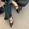 Soft Leather Version~ Pointed Temperament Metal Buckle One-word Strap High Heels, Light Mouth Low Heel Commuting Black Single Shoes Women