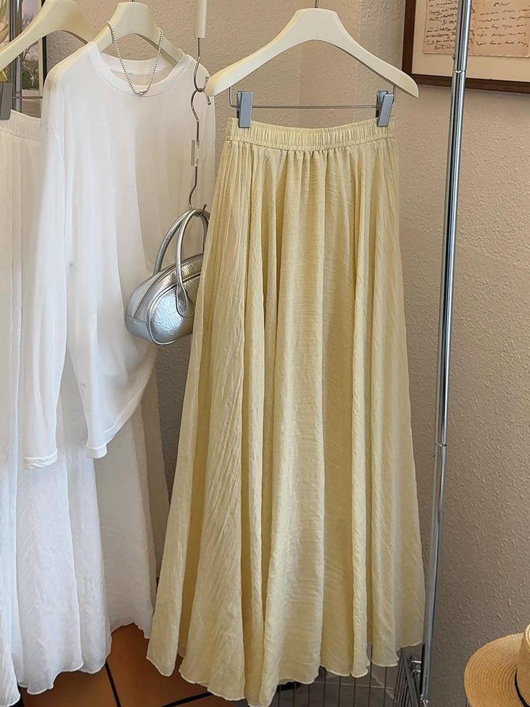 Spring New Gentle Style Ice Silk Cotton Linen A-line Pleated Long Skirt - Women’s High Waist Slimming Drape with Large Hem.