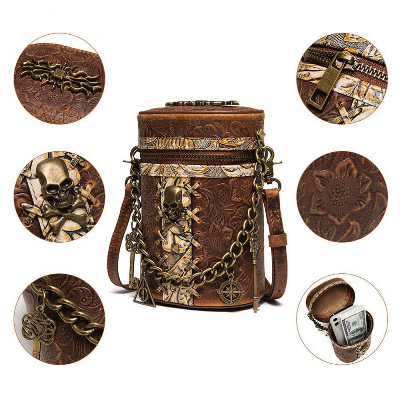 Johnature Retro Cowhide Bucket Bag Steampunk Rivet Chain Genuine Leather Women Hand Bag Fashion Small Shoulder Bags