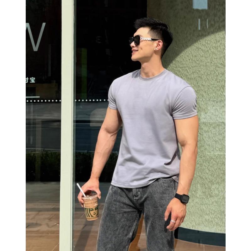Mens Solid Color American Style Casual Fitness Quick Dry Short Sleeve Base T Shirt