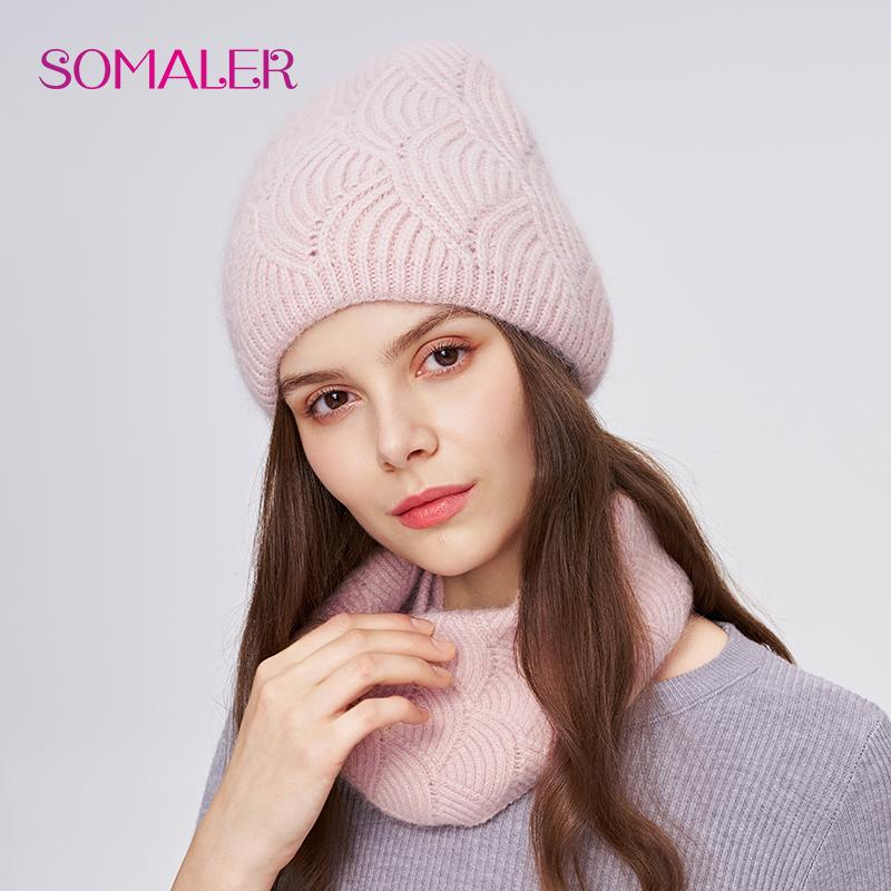 SOMALER Women's Winter Warm Fluffy Angora Hat Scarf Set Warm Angora Wool Knit Beanie  Neck Warmer 2 in 1 Gift Set