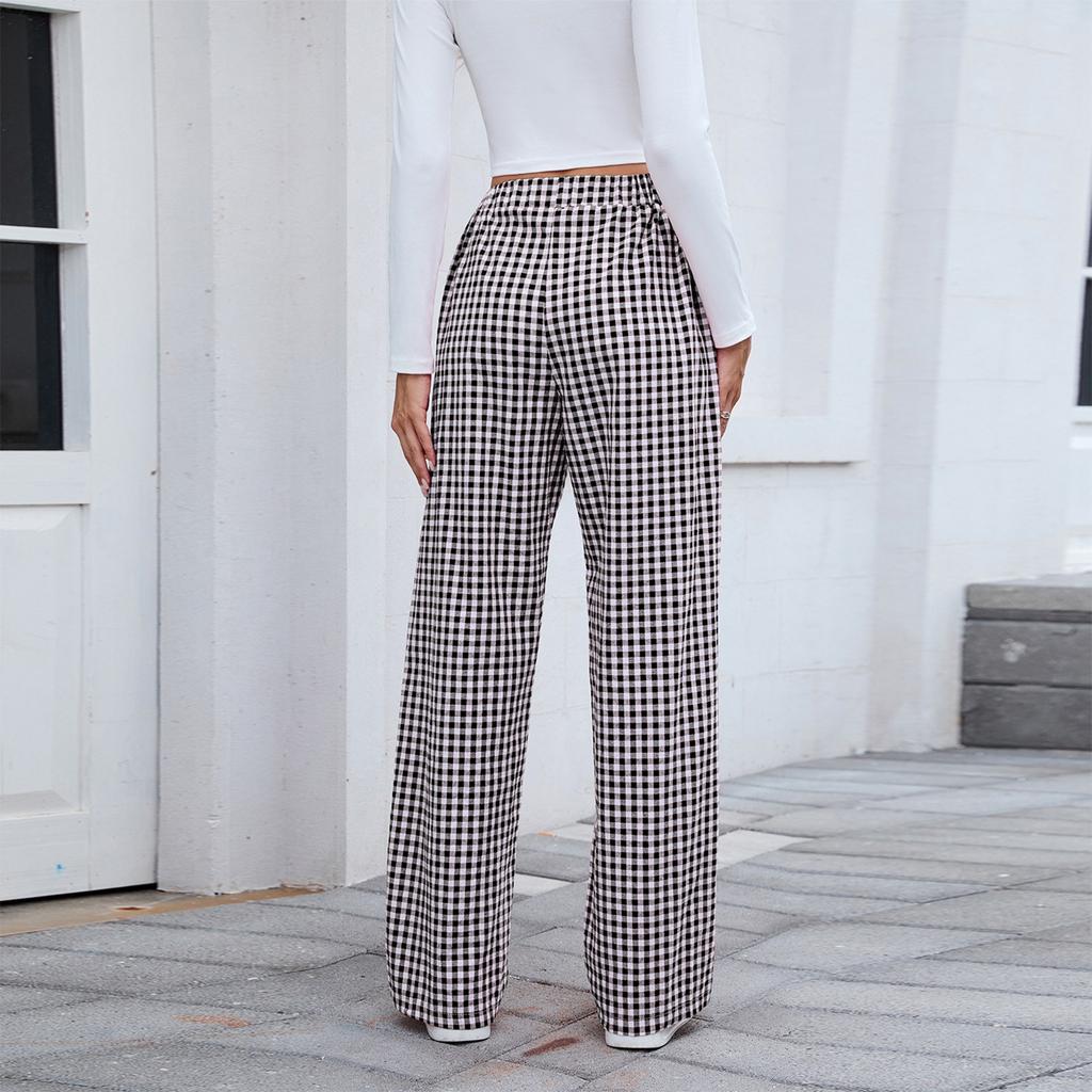 Women's Fashionable Checkered Elastic Waistband Loose Pocket Casual Pants