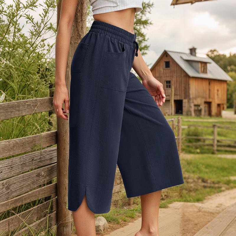Women Spring Fall Fashion Wardrobe Staple Solid Color High-Waisted Wide Leg Capri Pants Trousers with Pocket