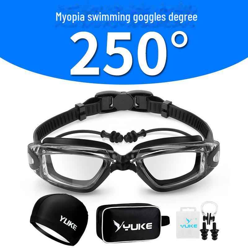 Herren Kurzsichtigkeit Schwimmbrillen Set mit Kappe & Ohrstöpseln: Transparent, HD, Wasserdicht, Beschlagfrei