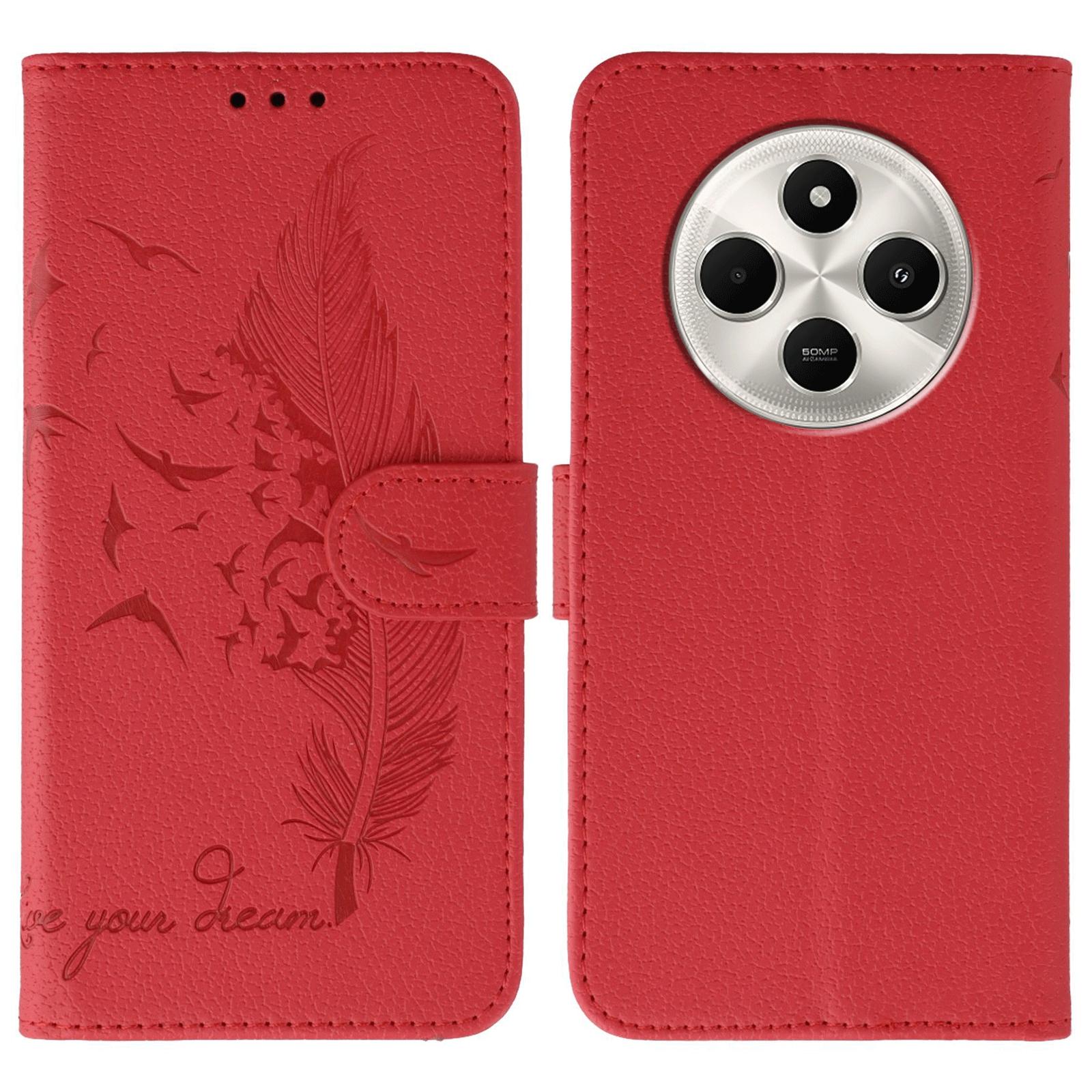 

Phone Case For Xiaomi Poco C75 4G/Poco M7 5G/Redmi 14C 4G/14R 5G Feather Imprint PU Leather Wallet Cover Red