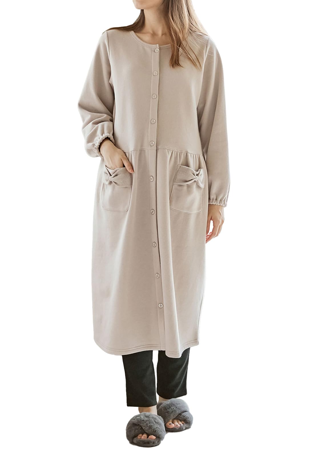 

ANGELIEBE Пижама для беременных с открытым доступом для кормления, длинный флис, леггинсы с присборенными штанинами, размер серо-бежевый, перед, пижама, рукава, подкладка, лента, карманы, платье, комплект,