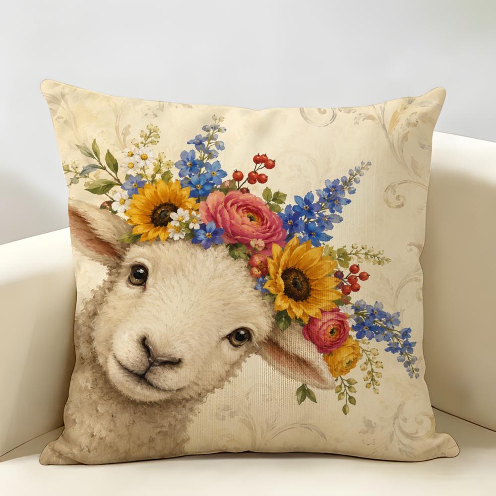 Sheep Lamb Bohemian Flowers Cushion Cover Durable Hypoallergenic Organic Linen Pillow Cover Short Size Washable Skin-Friendly