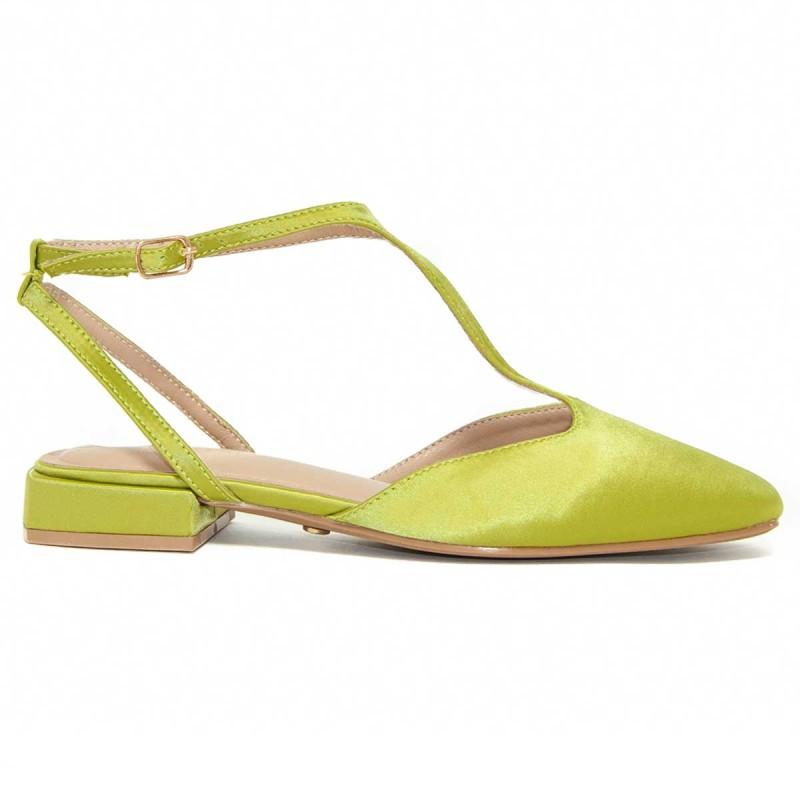 Women`s Low-Heeled Satin Green Ballerina Montevita