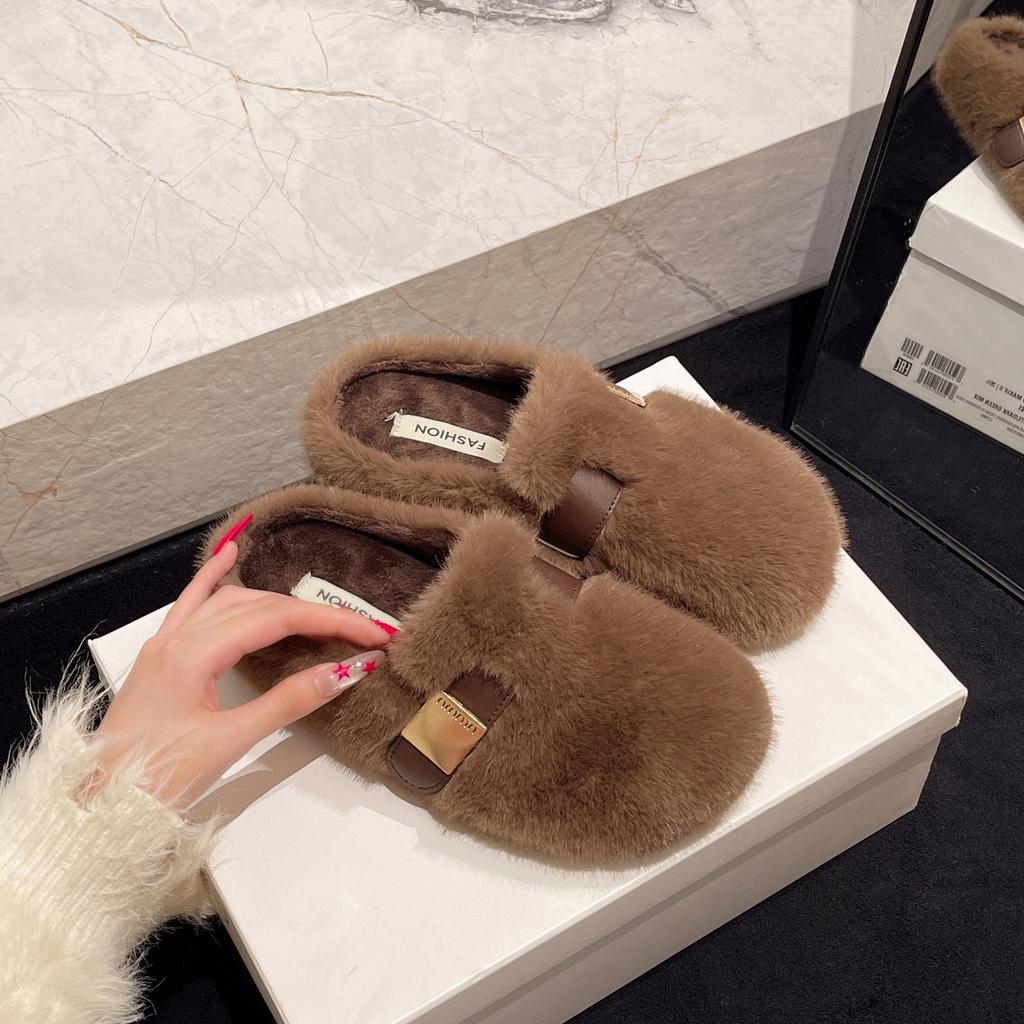 Retro leichte Mund Wildleder flauschige Schuhe für Damen im Herbst und Winter 2025, neue Mode Oberbekleidung, Taschenkopf und Baumwollpantoffeln