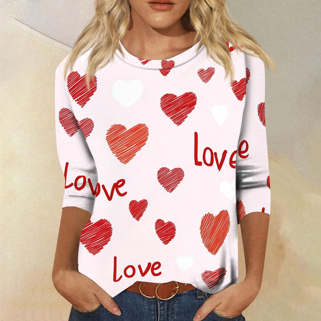 Women's Fashionable Casual Three-quarter Sleeve Valentine's Day Printed Round Neck Top