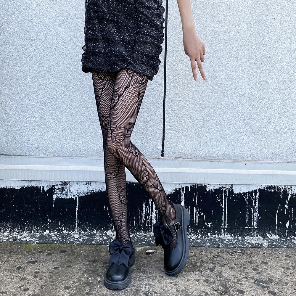 Japanese Kitty Pattern Cute Fishnet Socks - Black Jacquard Hollow Stockings