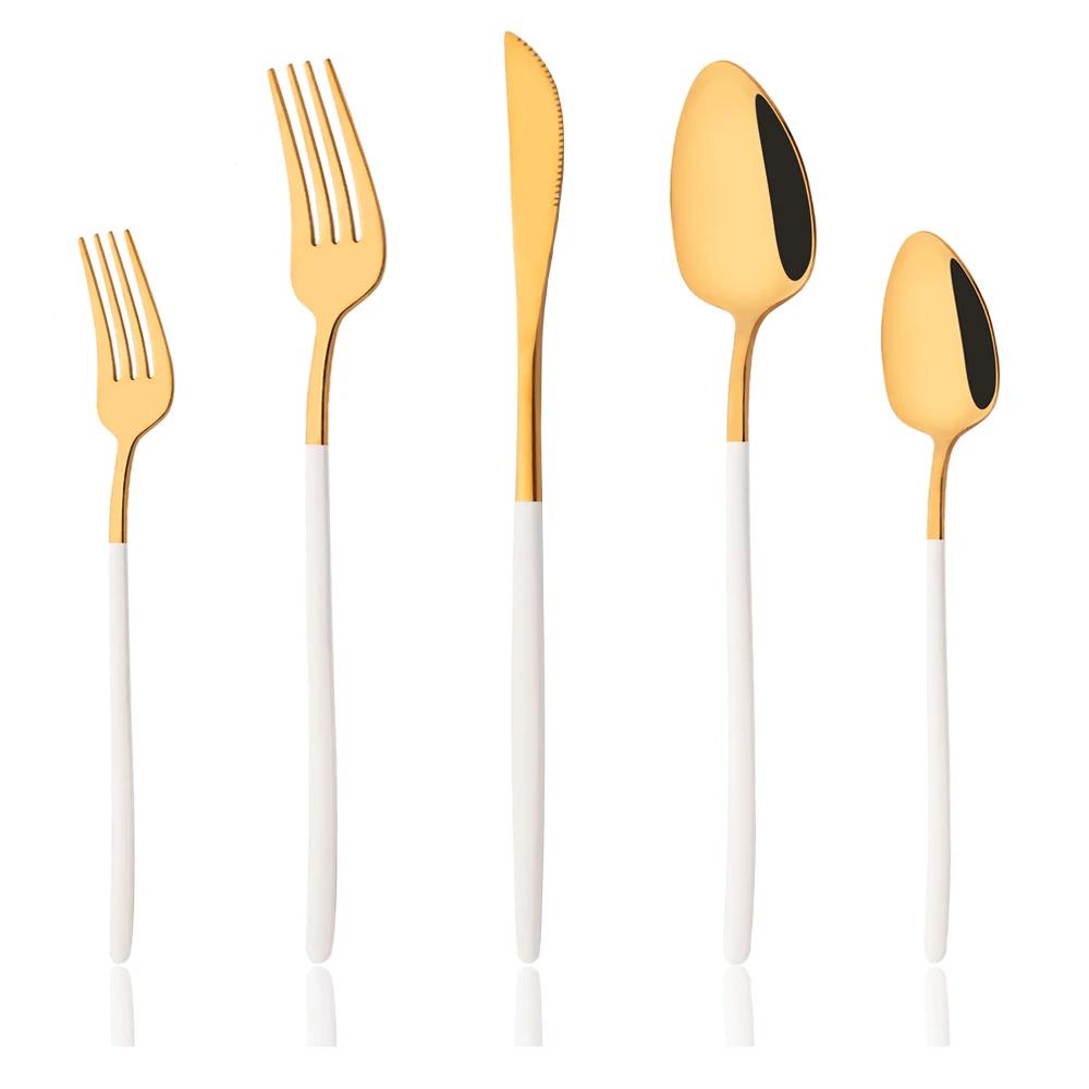 5Pcs White Gold Cutlery Set Stainless Steel Tableware Knife Dessert Fork Spoon Dinnerware Set Kitchen Flatware Silverware