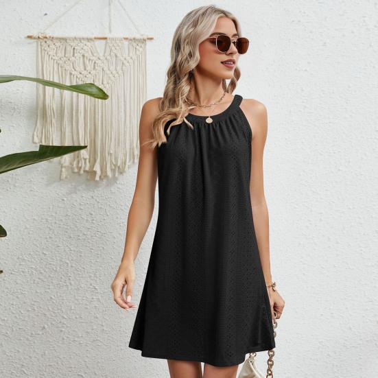 Summer Women Dress Hollow Out Off Shoulder Sleeveless Crochet Solid Color Pleated Loose Vacation Beach Sundress Daily Soft Mini Dress