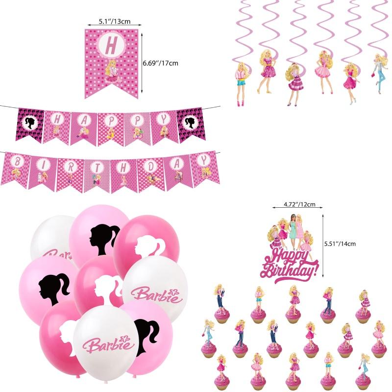 Barbie Doll Themed Purple Birthday Party Decoration Set With Cartoon Flags, Latex Balloons, And Cake Toppers