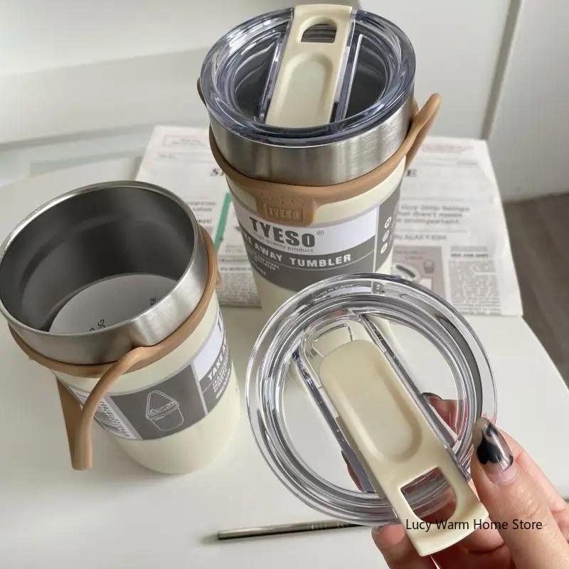 TYESO Tasse Thermo-Edelstahl-Kaffeetasse, Doppel-Thermosflasche, Isolierflasche, isolierte Reise-Auto-Bierbecher mit Strohhalm