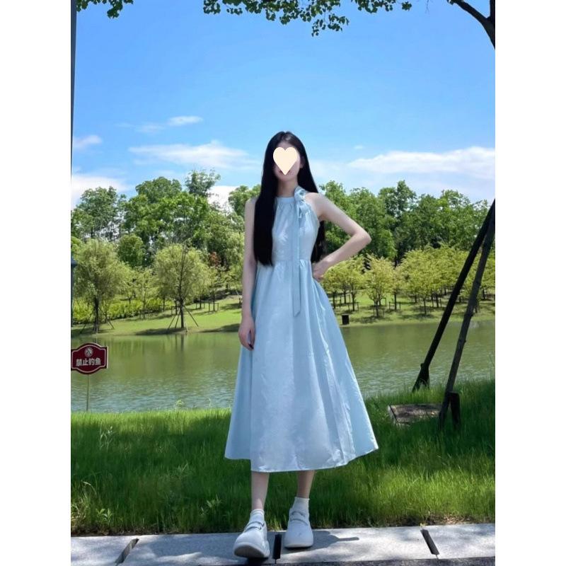 Sweet summer temperament gentle little fresh fairy Mori dopamine dress blue neck dress S