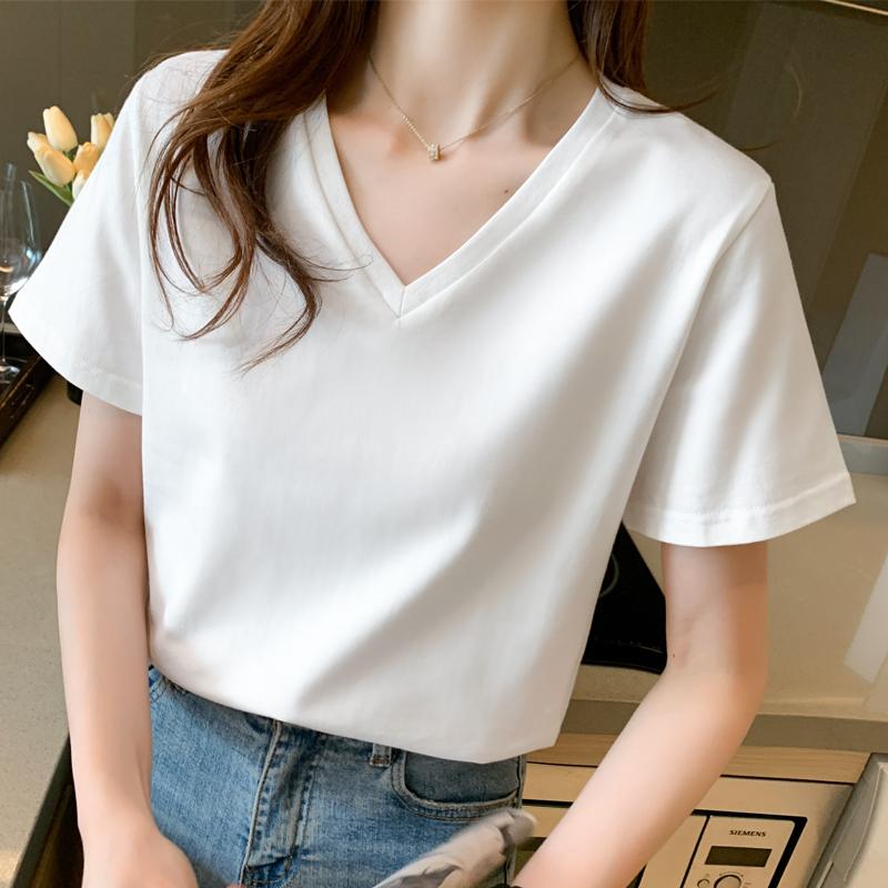 

Женская хлопковая футболка с V-образным вырезом, с коротким рукавом, лето 2025, новая корейская версия, трендовая, свободная, с рукавом до локтя, белая футболка, топ S белый
