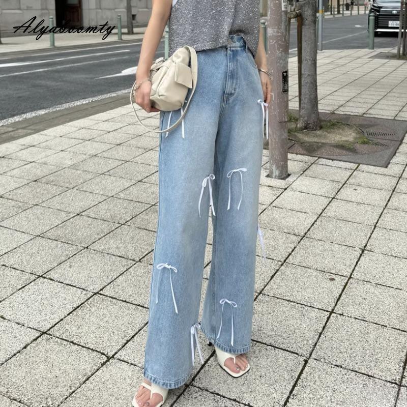 Korean Fashion Spring Summer Women Light Blue Wide Leg Jeans High Waist Bow Sweet Loose Jeans Casual Ladies' Basic Denim Trousers