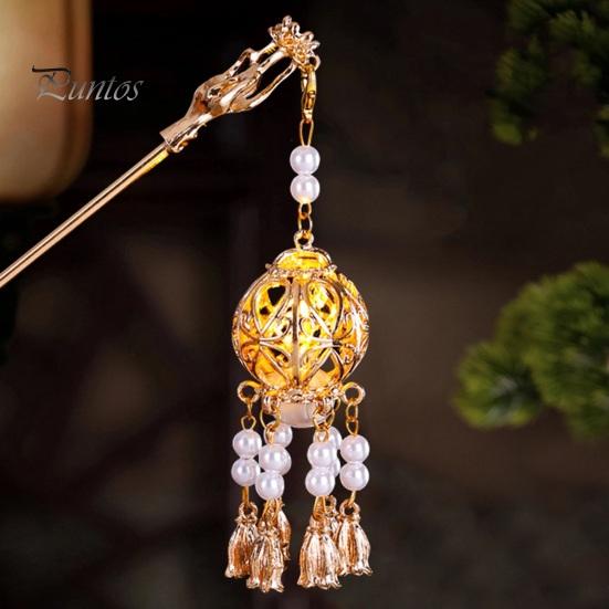 Hair Stick Women Vintage Traditional Chinese Palace Lantern Shape Pendant Faux Pearl Fork Decor Tassel Stainless Exquisite Forks Hanfu Dress Prop Lady