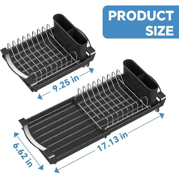 Simple Trending Small Dish Drying Rack, Compact Expandable Dish Rack with Cutlery Holder, Sink Dish Drainer for Kitchen Countertop, Black